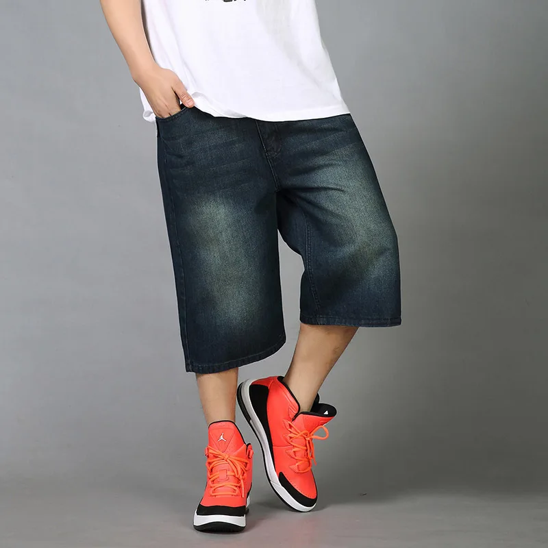 Mens Summer Hip Hop Baggy Jeans Shorts Men Loose Fit Straight Denim Shorts 3/4 Black Blue Short Pants Men Plus Size 44 46