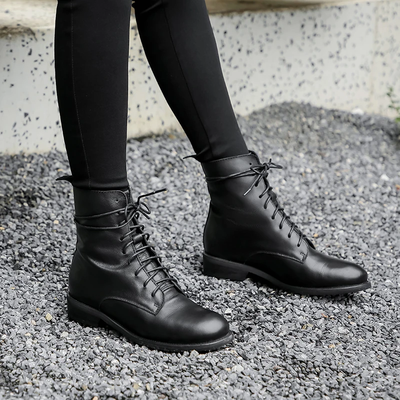 

WETKISS Cow Leather Boots Women Motorcycle Ankle Booties Female Low Heels Casual Shoes Ladies Round Toe Lace Up Shoes Winter