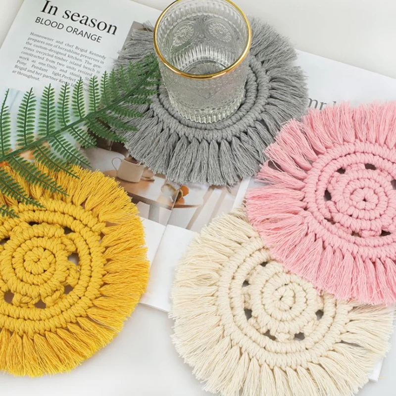 

1pc Placemat Round Cotton Braid Coaster Tassel Placemat DIY Handmade Macrame Cup Cushion Solid Color Coaster