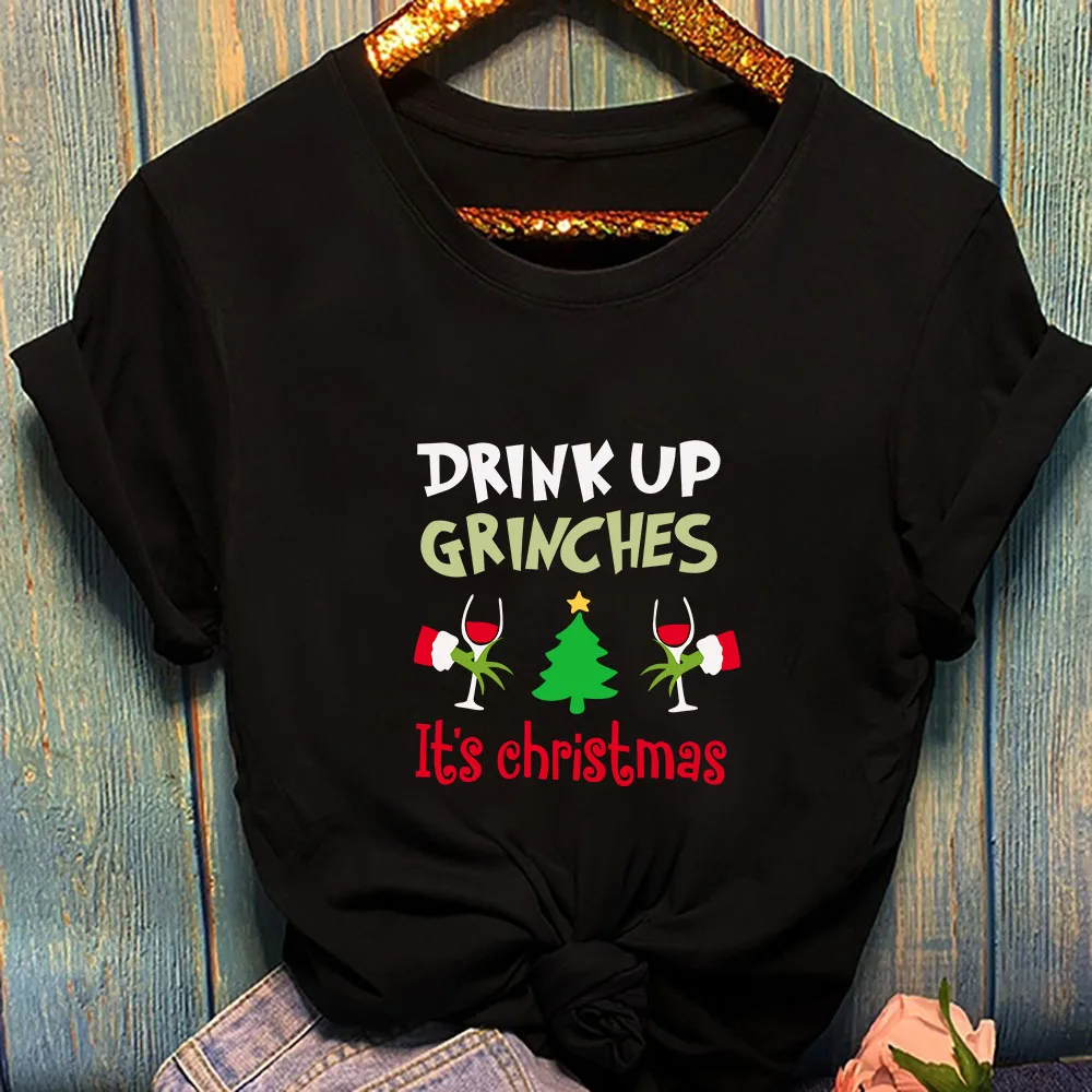 2QIMU Drink Up Grinches It's Christmas футболки модные графические женские Топы футболка с