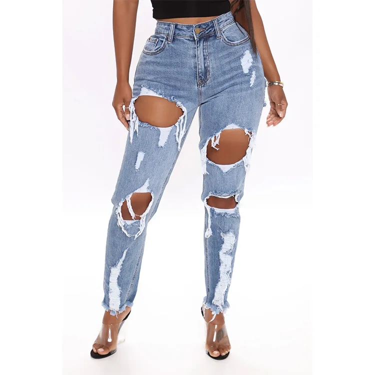 

ZQLZ Casual High Waist Knee Hole Straight Denim Pants Fashion Streetwear Plus Size Mom Trousers Summer Ripped Skinny Jeans Women