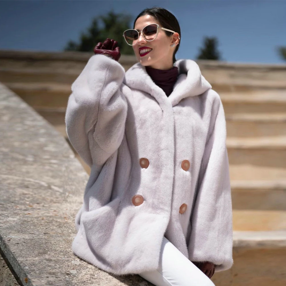 

Luxury Women Real Mink Fur Coat with Hood 2021 New Thick Warm Genuine Mink Fur Jacket Full Pelt Mid-length Fur Overcoat Winter