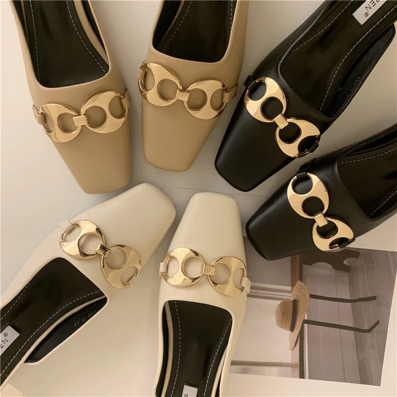 

2021 Summer New Korean Style Baotou Half-Toe With Thick Square Toe Single Shoes Fashion Women's Shoes