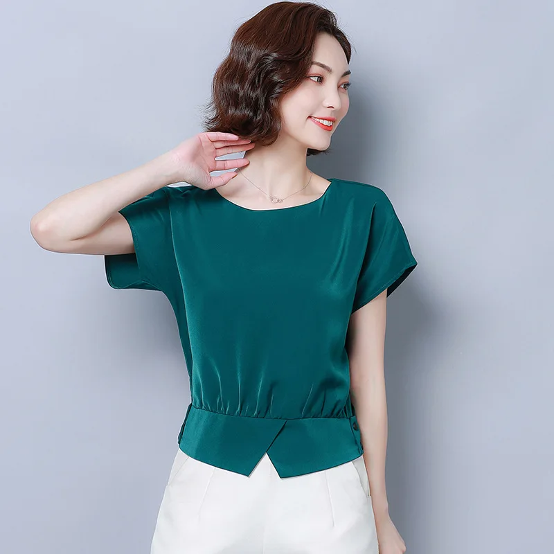 Women's round neck slim short sleeve chiffon T-shirt summer red |