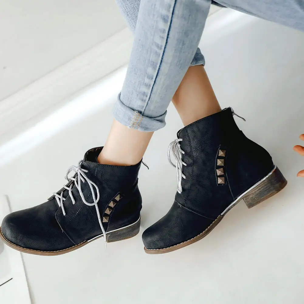 

DORATASIA Ladies Classic Concise Rivet Boots 2020 Low Chunky Heels Boots Women lace-up Ol Ankle Shoes Woman