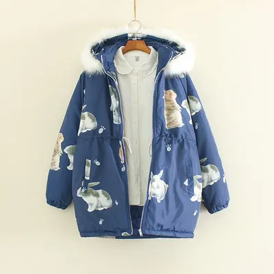 Dark blue Зимнее женское пальто с кроличьим мехом и капюшоном, теплый пуховик, хлопковая куртка, новинка, милые парки на молнии с карманами, японский стиль, LD586 - Цвет: Dark blue