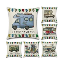 cartoon camper caravan dining car series happy campers printing pillow case custom home linen pillowcase car waist cushion cover