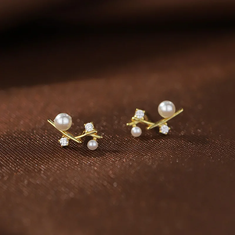 

Genuine 925 Sterling Silver Tree Branch Zircon Pearl Mini Small Stud Earrings for Women Chic Charming Korean Wedding Jewelry