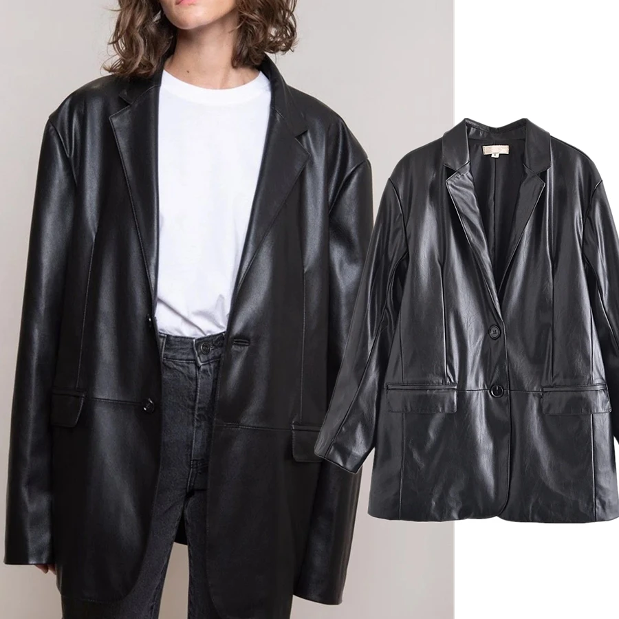

Elmsk Women Blazers And Jackets England Style High Street Blazer Mujer 2021 Retro Oversize PU Leather Casual Blazer Women Top