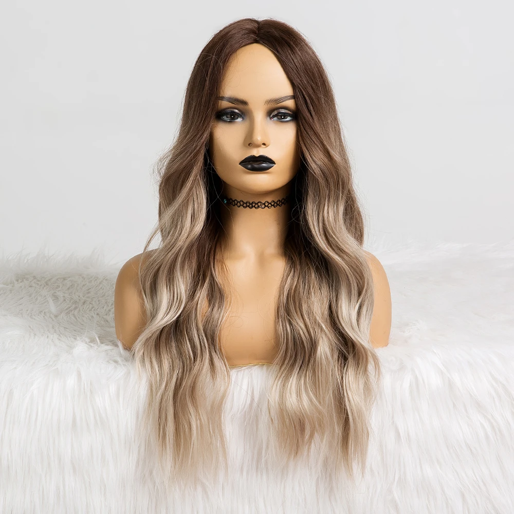 Длинные волнистые синтетические парики Омбре коричневые средняя часть