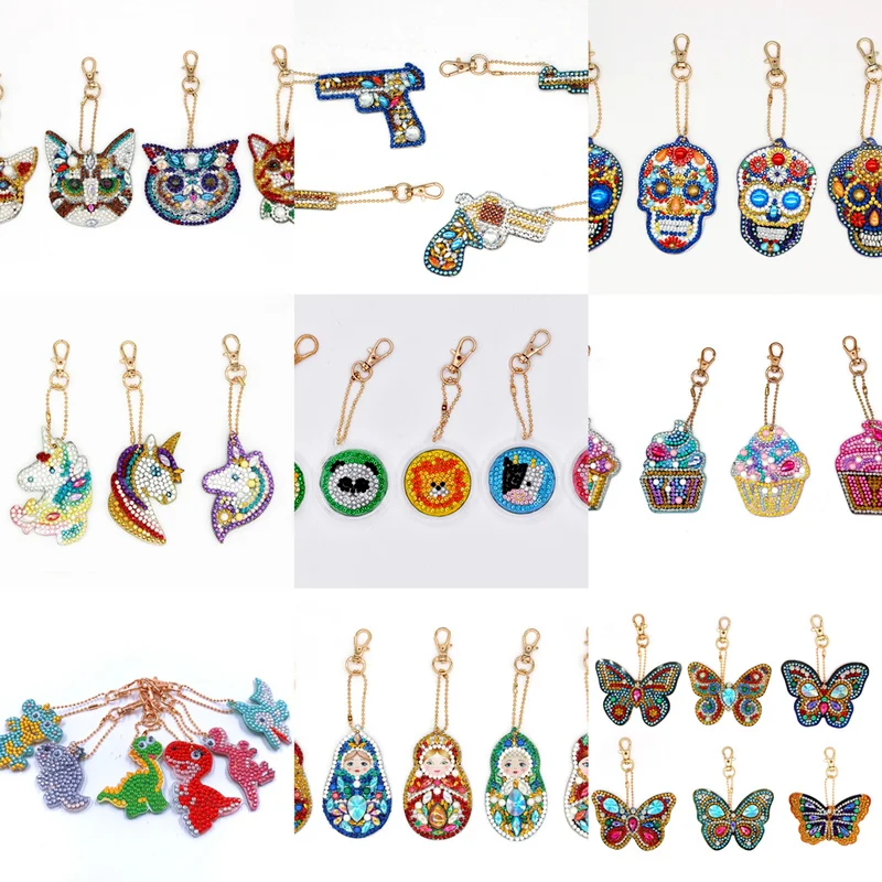 

Diamond Painting Keychain Set Cartoon Cat Animal Decor Pendent Full Drill Diamond Embroidery Dinosaur Cross Stitch Gift