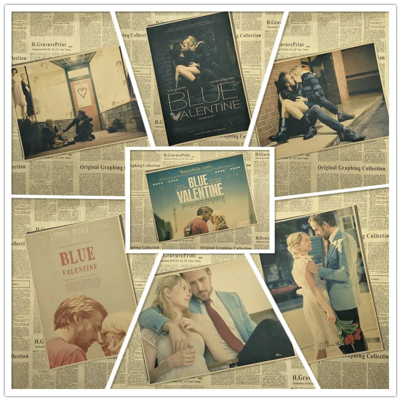 Синий плакат из крафт бумаги в стиле фильма ко Дню Святого Валентина Настенная