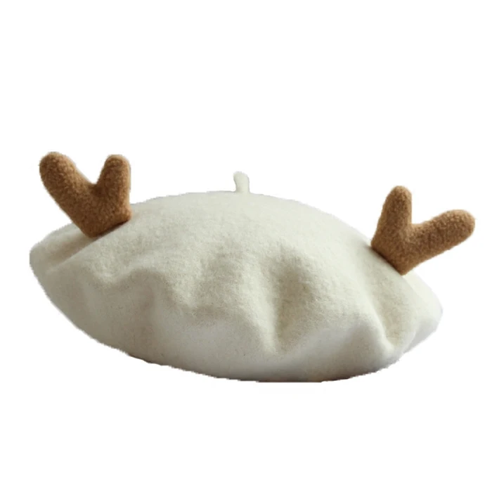 Japanese Department complex Gubei Lei hat female autumn and winter pure wool lovely antlers Christmas painter bud Beret | Аксессуары для
