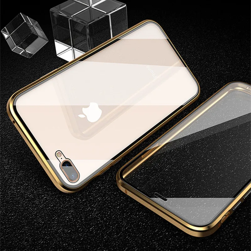 Магнитная Адсорбция металлический чехол для iPhone X 7 8 плюс Двусторонняя закаленное Стекло задний Чехол на магните для iPhone 6 6s X XS Max чехол