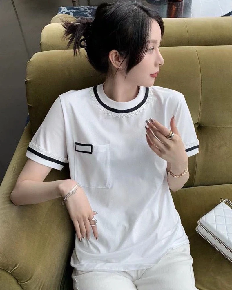 

Yarn knitted T-shirt women's 2021 spring and summer new fashion lace round neck short-sleeved soft top