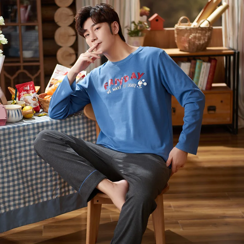 Autumn Spring Long Sleeve Man Pajama Sets 100% Cotton Print Pajamas Men Casual Sleepwear Homewear Plus Size XXXL Pijama