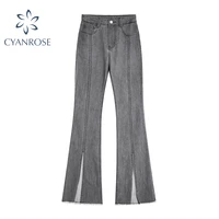 womens gray denim flare pants 2021 retro y2k hem split tide long pants female high waist loose rok relax ulzzang jeans trousers