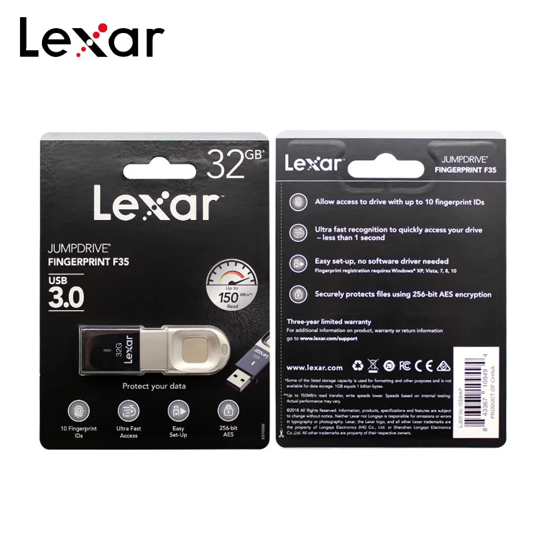 

Original Lexar USB 3.0 Pen Drive F35 256GB 128GB 64GB 32GB With Fingerprint Recognition Metal USB Flash Drive 150MB/s usb stick