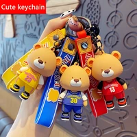 new bear in autumn clothes leather bag car keychain plastic soft rubber doll pendant key holder ring accessories jewelry gift