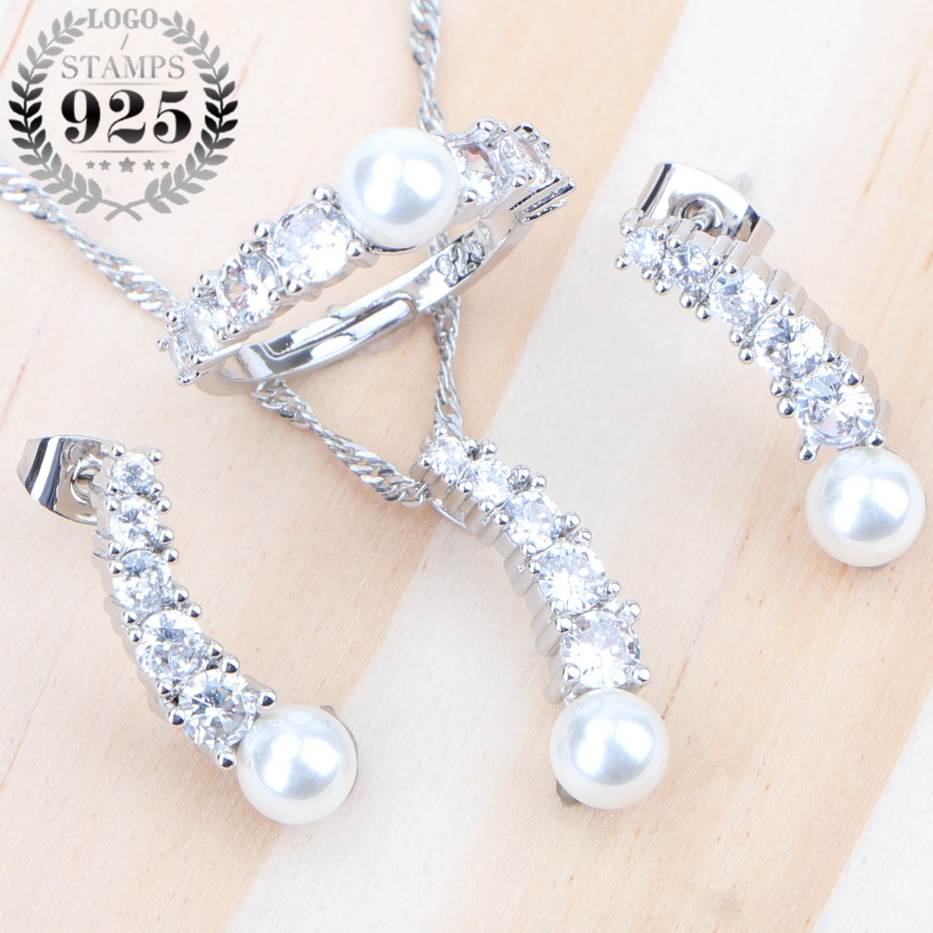 Pearl&ampZirconia Bridal Silver 925 Jewelry Sets For Womem Costume Earrings Wedding Pendant Rings Necklace | Украшения и