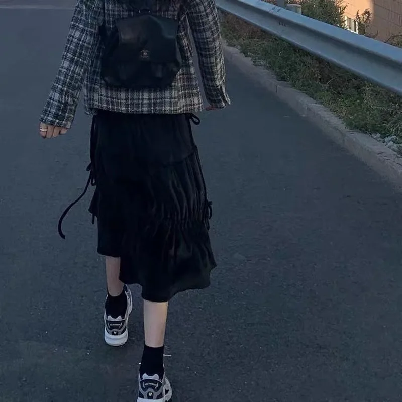 

Women Skirts Mid-Calf Length Golden Fleece Ball Gown Solid Black Ruffles Females Leisure Chic Trendy Loose Elegant High Waist