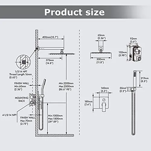Матовая черная дождевая Душевая система 12 дюймов (около 30 4 см) Набор насадок для