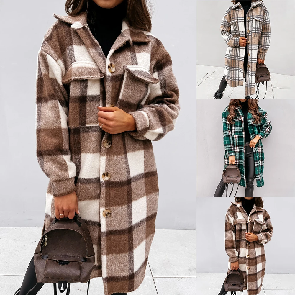 

Autumn Winter Checked Women Jacket Down Overcoat Warm Plaid Long Coat Oversize Thick Woolen Coat Retro Female Casual Streetwear