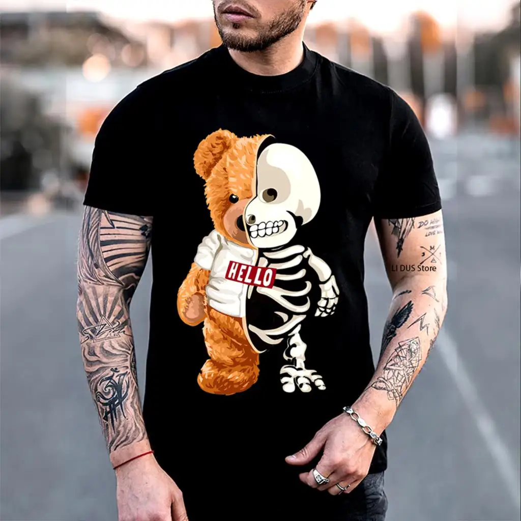 

2021 New Funny Skull Teddy Bear T-shirts Skeleton Bear T shirts Casual Clothes Men Fashion Clothing Cotton TShirts Tee Top