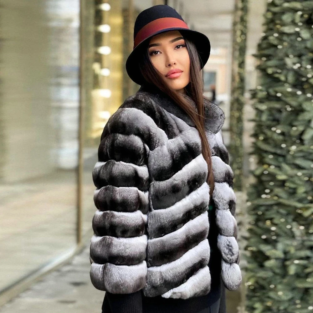 Short Genuine Rex Rabbit Fur Jacket Stand Collar Winter Fashion Women Casual Full Pelt Rex Rabbit Fur Coats Real Fur Outwear
