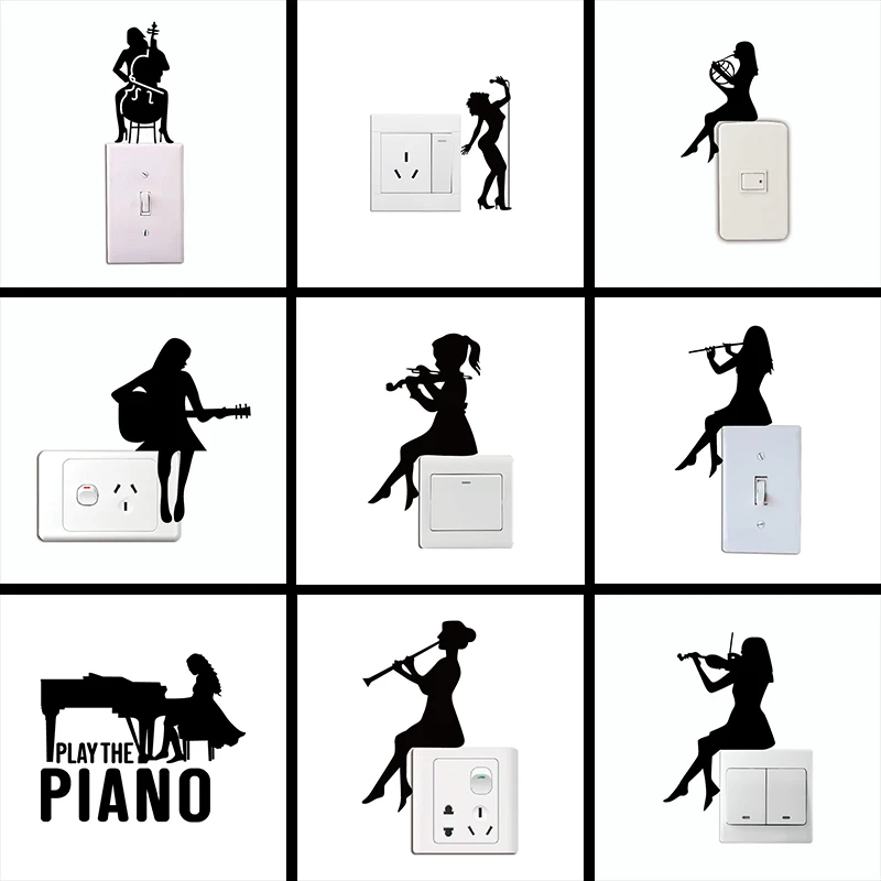 Наклейка на выключатель "Силуэт ковбоя, играющего на гитаре, в стиле мультфильма" - декор для дома, спальни и музыкальной комнаты.