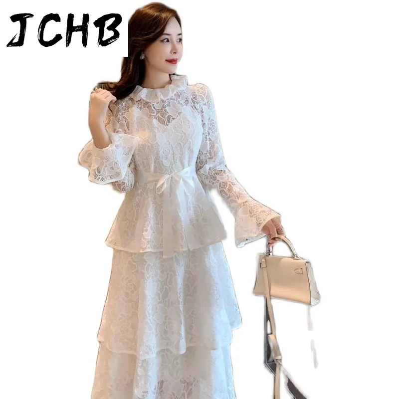

JCHB turn-down flare sleeves lace hollow out see throw pullover ruffles long spring and autumn women's dress WO55000L