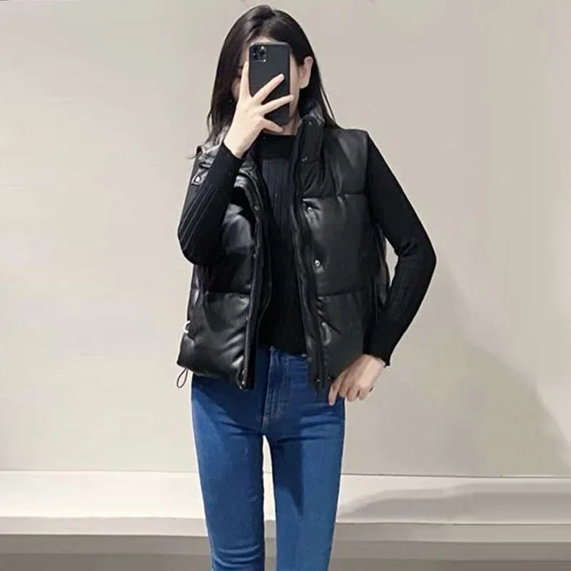 

Lint Diagonal Pocket Padded Vest Retro Sleeveless Women's Jacket Street Style Stand-up Collar Imitation Leather Vest Jacket