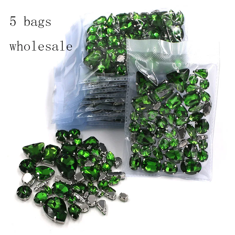 

Clothing accessories Wholesale 5 bags mixed shape glass crystal sliver base Grass green sew on rhinestones diy wedding dress