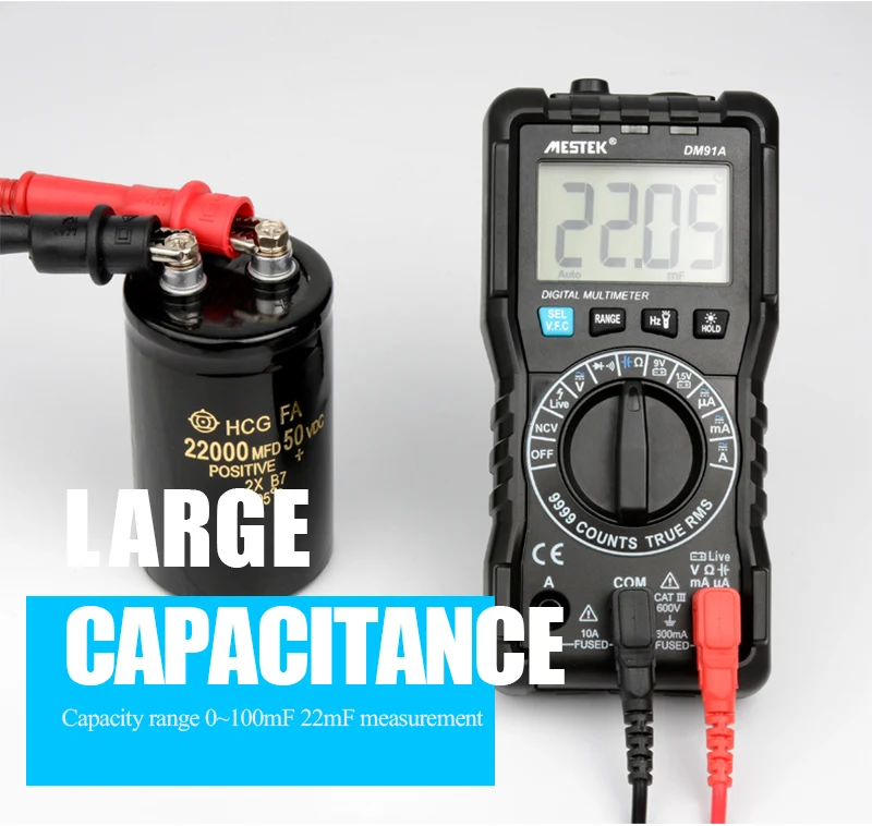 

MESTEK DM91/DM91A/DM91S Digital Multimeter 9999 Count AC/DC Ammeter Voltmeter Ohm Voltage Meter HFE NVC Capacitance Tester