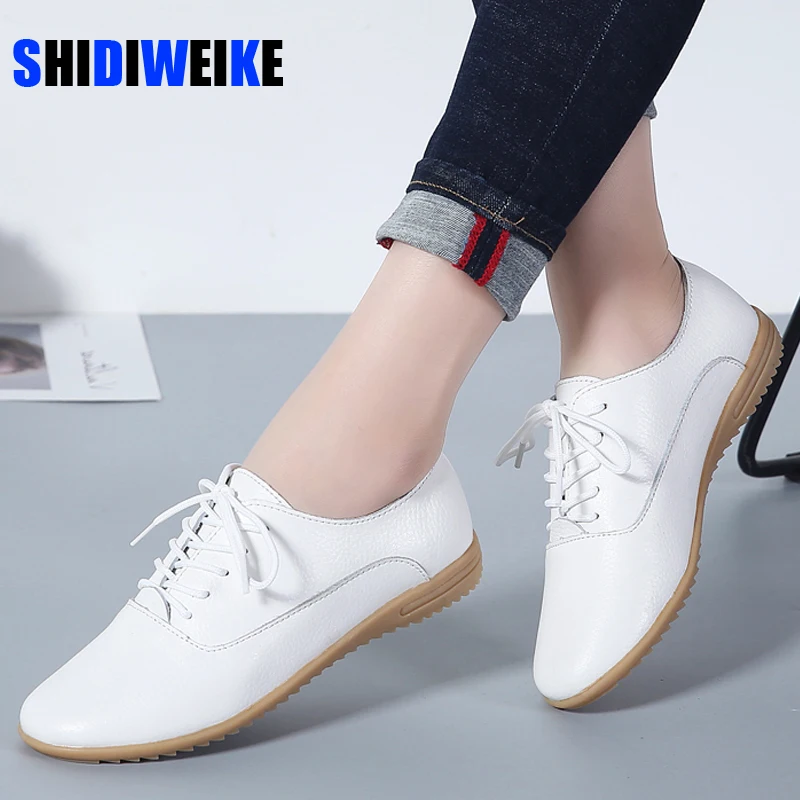 

Spring Summer Women Oxford Shoes Ballerina Flats Shoes Women Genuine Leather Shoes Moccasins Lace Up Loafers Zapatos Mujer