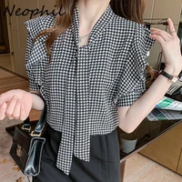 neophil england style plaid summer women shirts bow collar short sleeve ruffles korean lady office elegant blusa feminina b21553