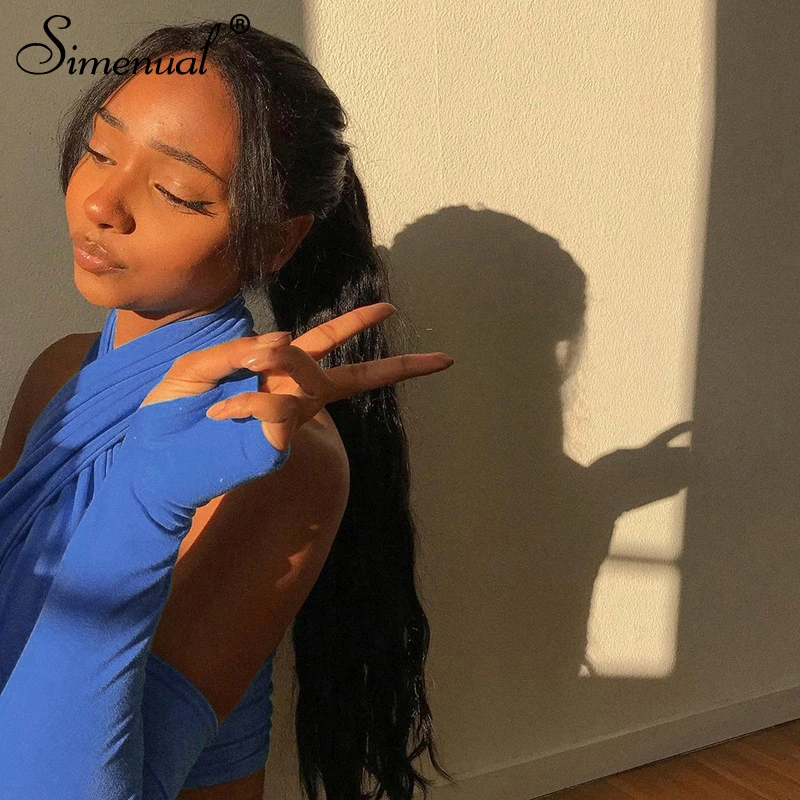 

Simenual Criss Cross Halter Crop Tops With Sleeves For Women Sexy Club Partywear Backless Tee Shirts Fashion Hot Birthday Cloth