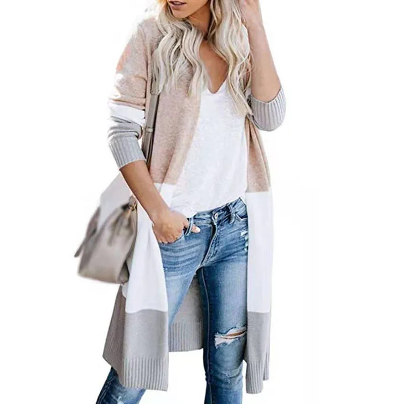 Autumn and winter casual long-sleeved three-color stitching cardigan women's clothing |