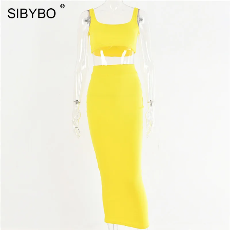 Цвет: желтый Sibybo, Ребристое летнее платье без рукавов, комплект из двух частей, платье на бретельках, высокая талия, сексуальное облегающее платье, Пляжное повседневное длинное платье для женщин - Цвет: Цвет: желтый