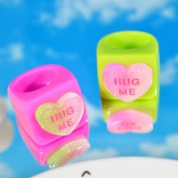 2pcsset new sweet pink green resin acrylic heart rings for women charm rainbow shiny letter ring summer jewelry bestfriend gift