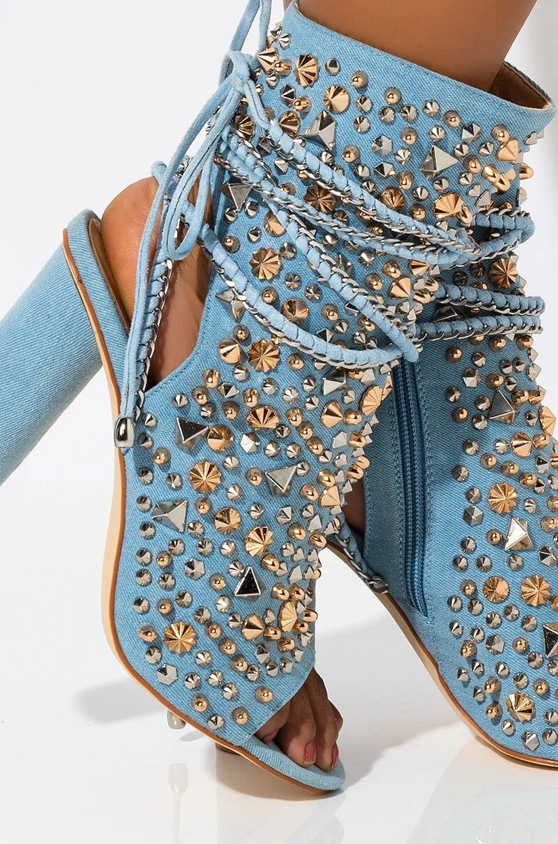 

2020 light denim sexy fashion rivet open heel fish mouth strap sandals
