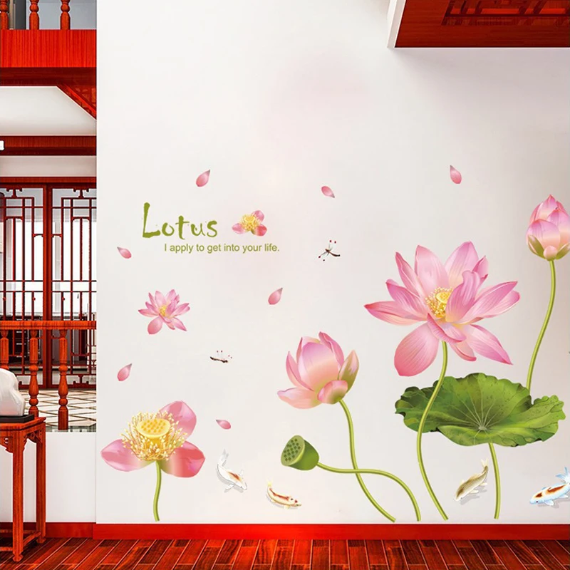 Романтические настенные Стикеры с розовыми цветами лотоса прудом рыбками