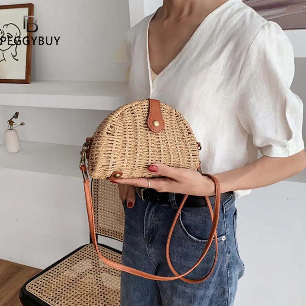 

Small Beach Handbags Summer Bags Fashion Women Straw Woven Messenger Bag Casual Ladies Vacation Semicircle Purse
