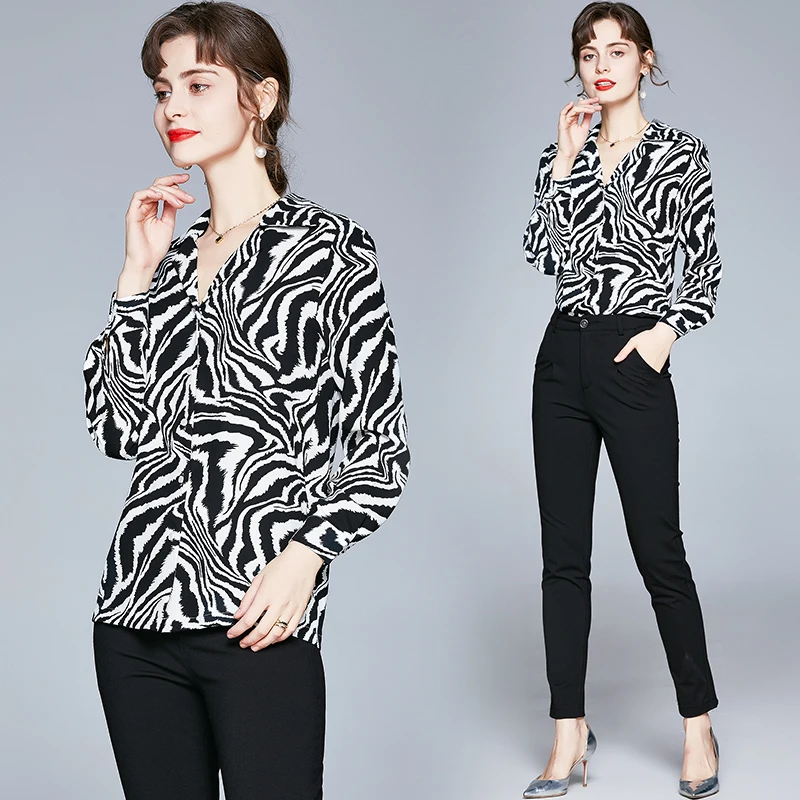

Willstage V Neck Shirts Women Zebra Abstract Color Printing Blouse Black and White Shirt Long Sleeve 2021 Spring Autumn Tops