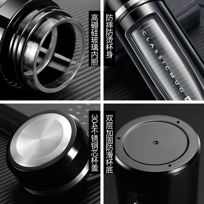 Вакуумная стеклянная термос-бутылка с портативной крышкой, фляги с двойными стенками и герметичной крышкой для воды для женщин KK60BW.