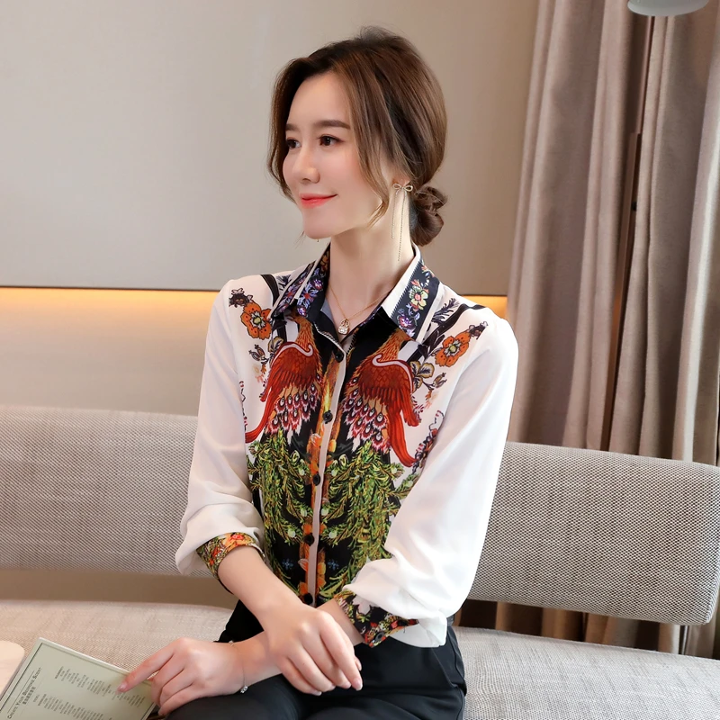 

Silk Satin Loose Women's Shirts New Fashion Blouses Flower Print Polo Collar Shirts Spring Casual Long Sleeve Blusas Houthion