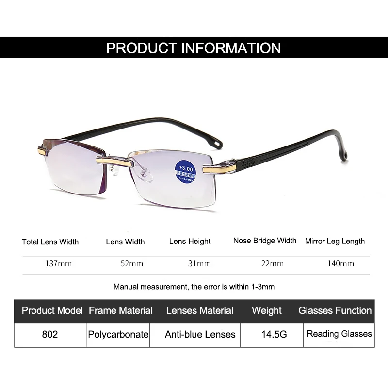 

Sunglow Men Reading Glasses,Anti Blue Light Rimless Eyeglasses,Square Frameless Presbyopic Glasses Diopters +1.0 1.5 2 2.5 4.0