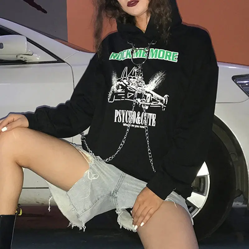 Готический черный свитер с капюшоном Женская Осенняя темная цепь принтом