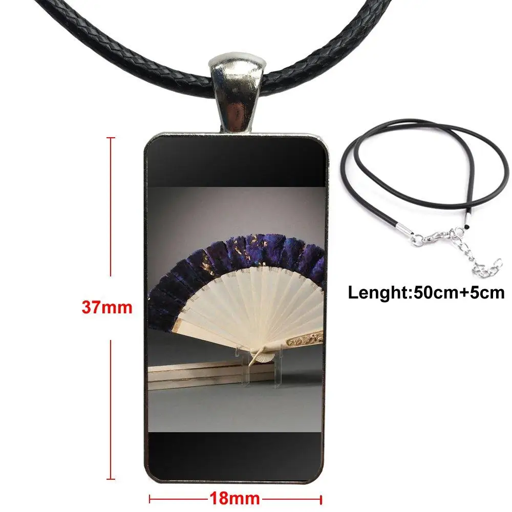 

Vintage Japanese Floral Fan Glass Pendant Necklace Handmade Half Pendant Rectangle Necklace For Wedding