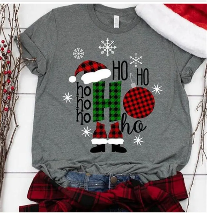

Cute Christmas Hat Graphic Tshirts O-neck Short Sleeve T-shirt Female Vogue Tops Striped Ho Letter Print Women Christmas T Shirt